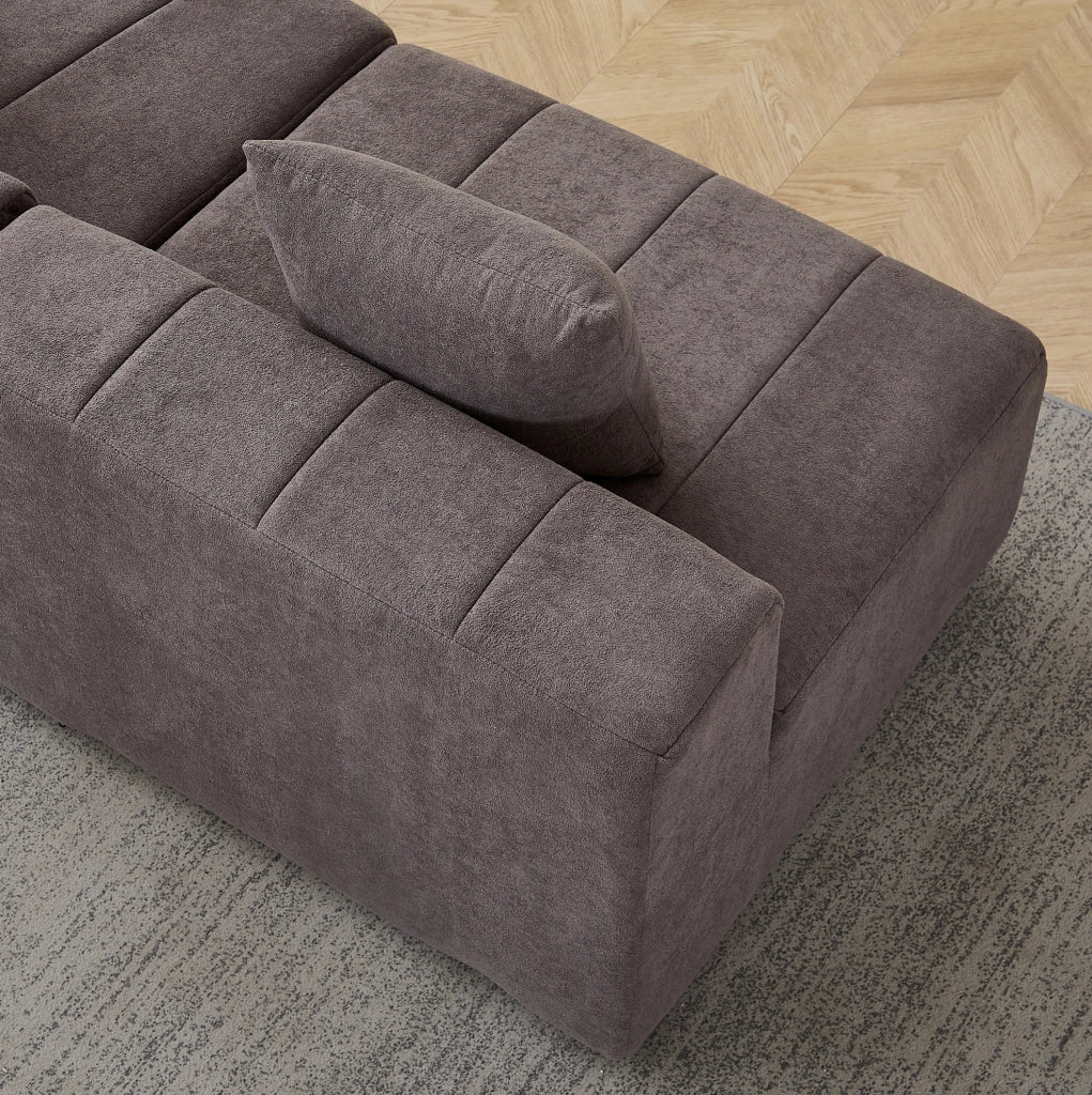 Modulo divano curvo modulare in chenille grigio con 2 cuscini, design a semicerchio