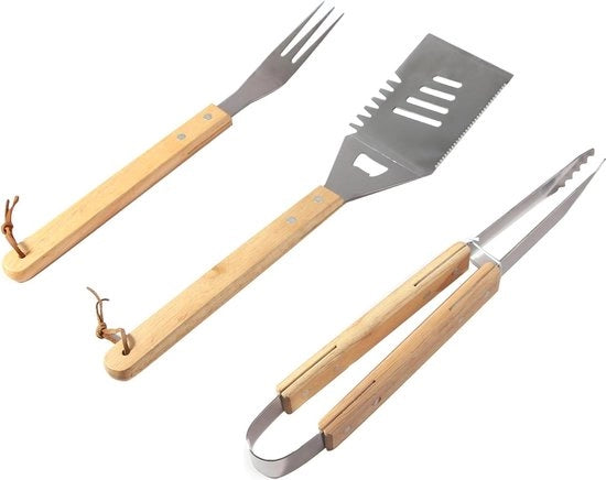 Set di griglia 3 - spatola di griglia forchetta di carne - acciaio inossidabile - accessori barbecue - manico di legno - ventilatori di griglia - cucina all'aperto attrezzi bbq
