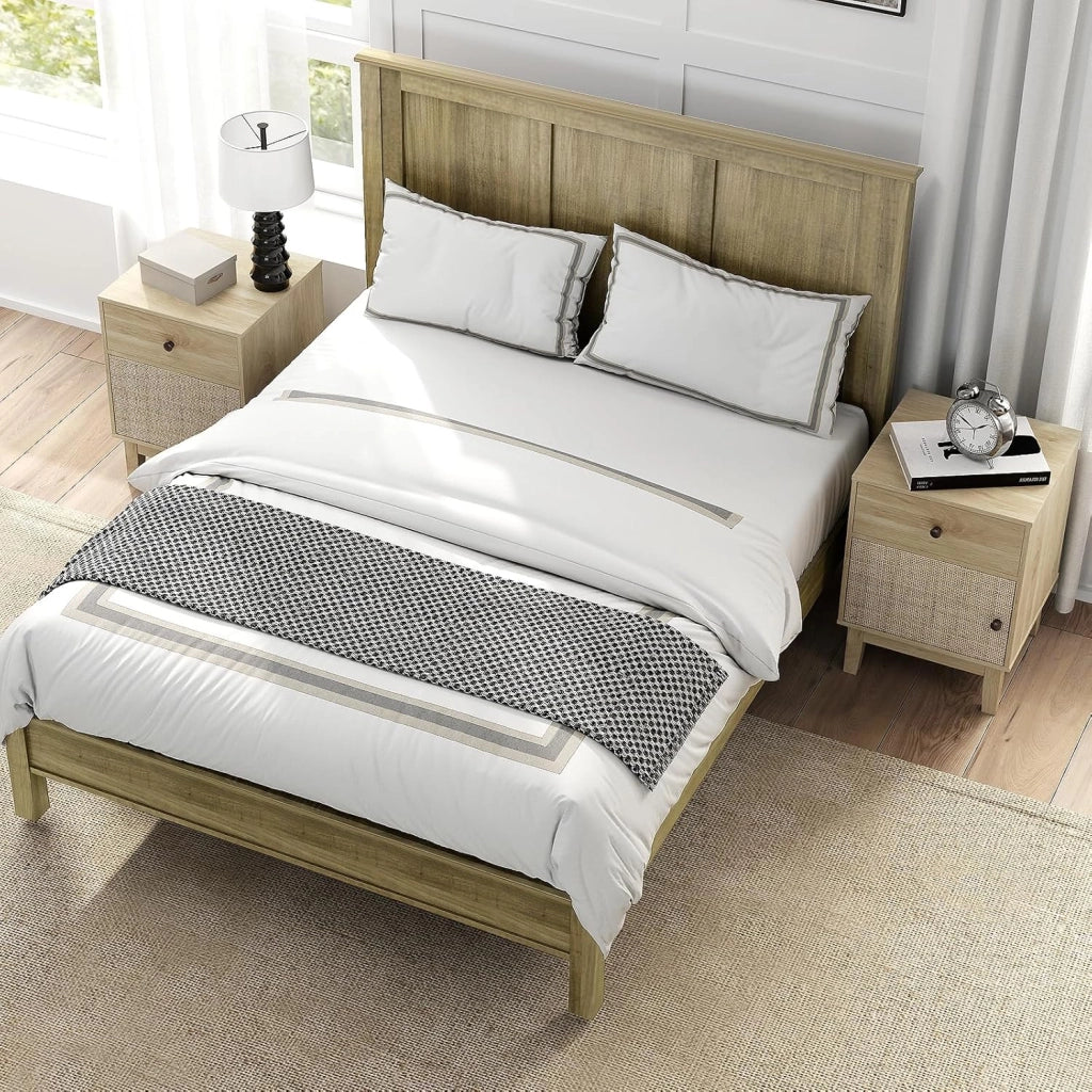 Comodino in rattan boho con cassetto e spazio di archiviazione, comodino, gambe in legno, console da notte, con protezione anti-ribaltamento, piedini antiscivolo, 40 x 39 x 55 cm (naturale)