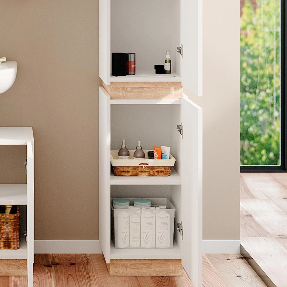 Armadio per il bagno Gloria, Bianco, 33 x 197.5 cm con 2 porte, con apertura per sifone e compatibile con la serie Gloria
