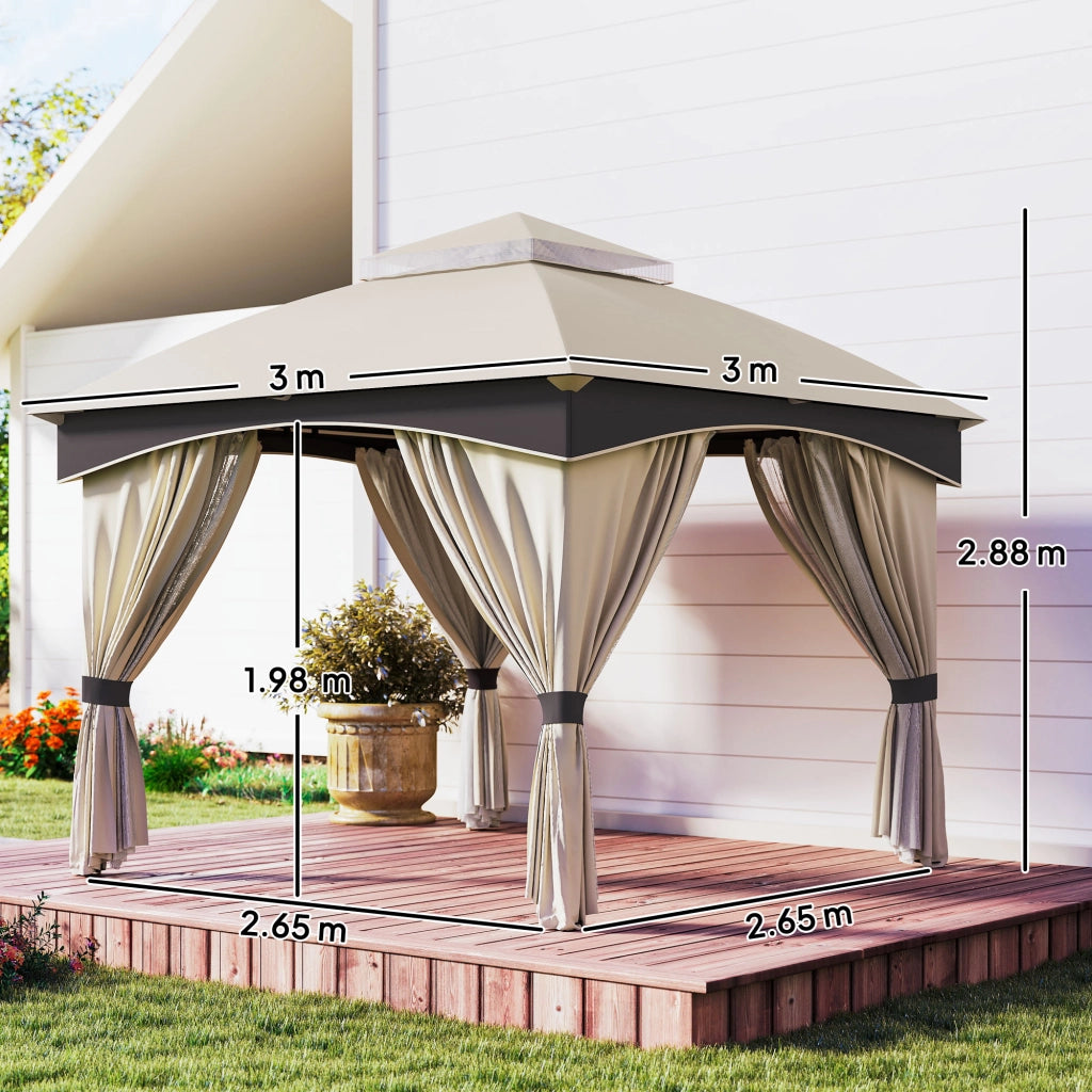 Gazebo da Giardino 3x3m ¨C zephmum ¨C Acciaio, Doppio Tettuccio, Tende, Beige e Grigio