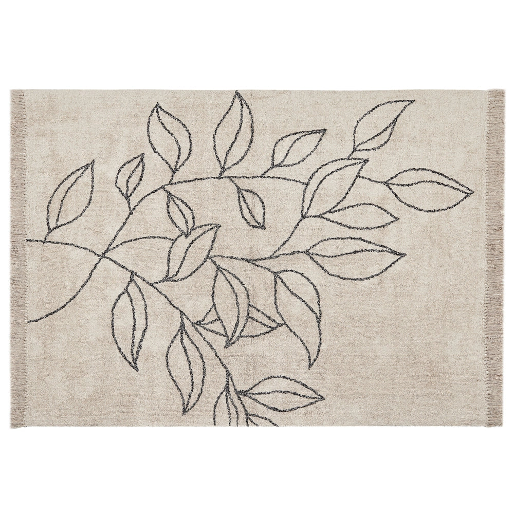 Tappeto cotone trapuntato motivo a foglie e nappe 160 x 230 cm beige e nero soggiorno camera da letto