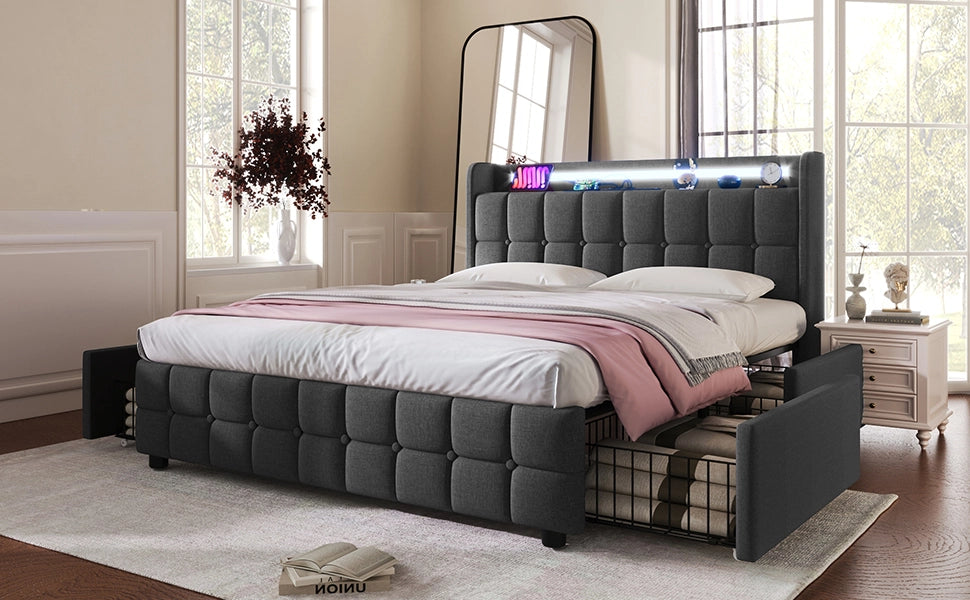 DESMIU Letto Matrimoniale con 4 Cassetti, USB, Prese e LED Regolabile 140 × 200 cm, Senza Materasso, Grigio