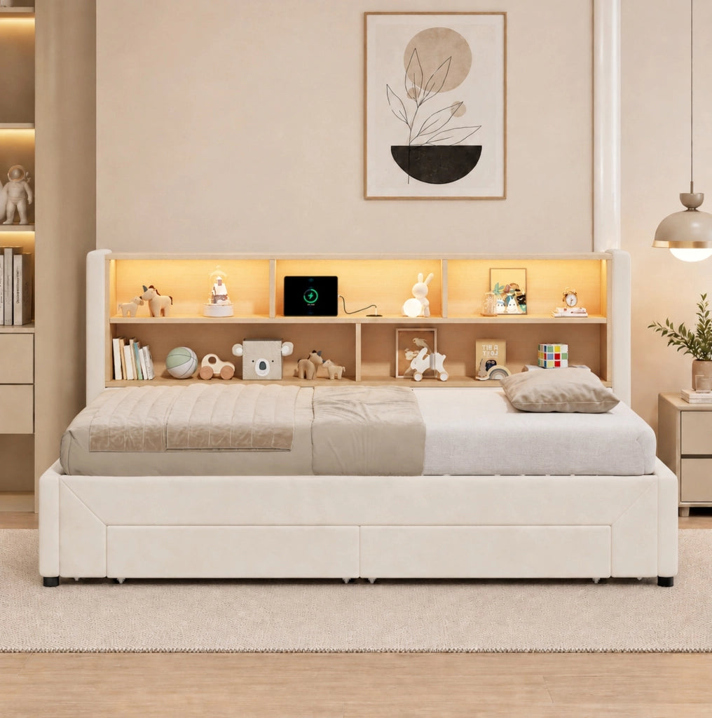 Daybed estraibile 90x200 cm trasformabile in 180x200 cm; con cassetti; USB; Type-C e LED; velluto beige