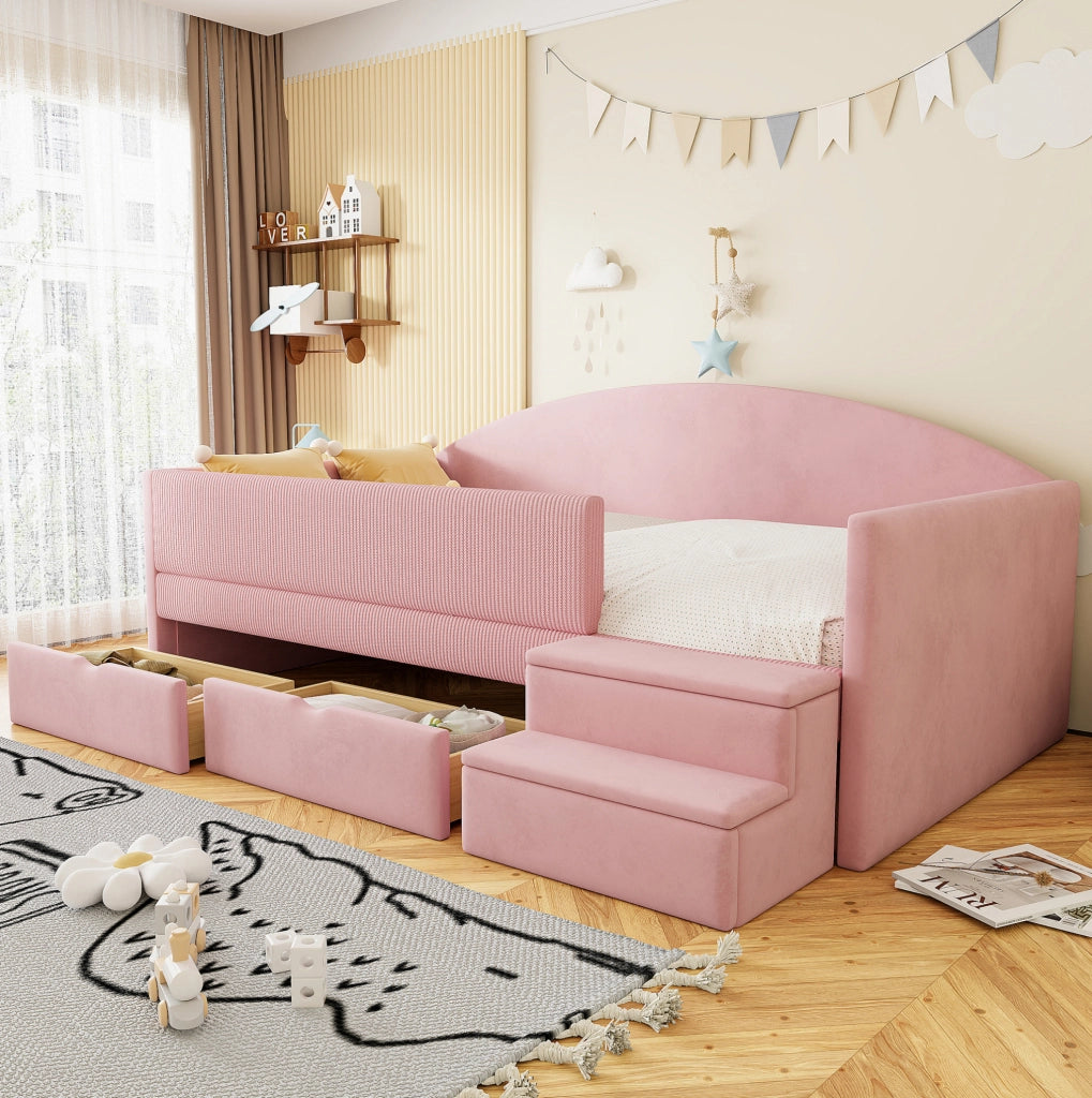 Letto imbottito 90 x 190 cm in velluto rosa con 2 cassetti; sponde e gradini