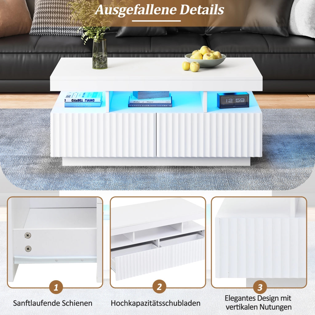 Tavolino da caffè con 2 cassetti; vano aperto e striscia LED - per soggiorno - 100×50×45 cm - in truciolare - bianco