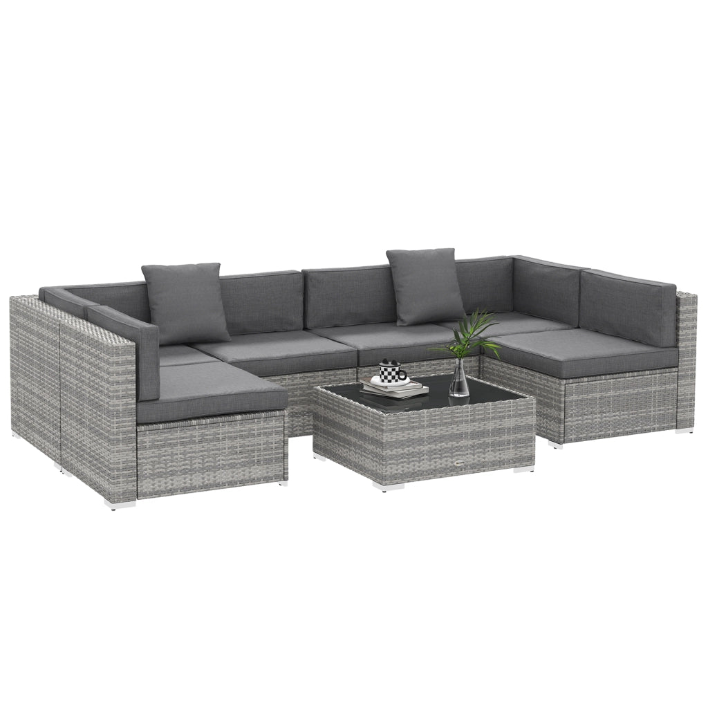 Set salotto da giardino 7 pezzi modulabile ¨C zephmum ¨C grigio, polyrattan, vetro temperato, cuscini
