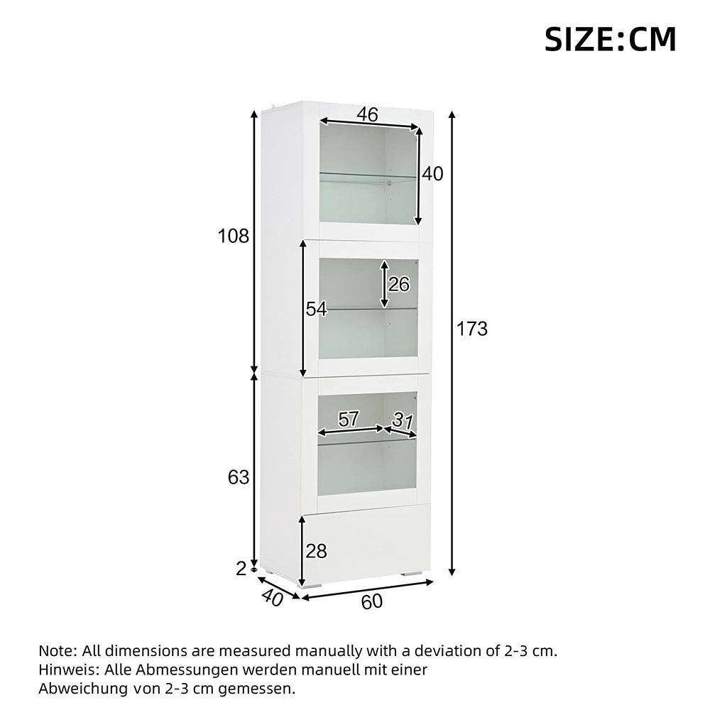 Vetrina 60x40x173 cm con LED - Xylo - 3 ripiani in vetro, ante in acrilico, armadio per soggiorno, bianco