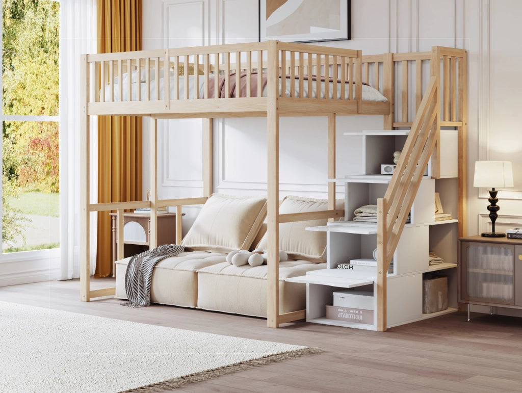 Hochbett 140x200 cm con scala contenitore e 15 doghe in legno di pino