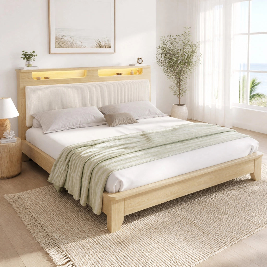 Letto matrimoniale 140x200 cm con testiera contenitore; LED e rivestimento in corduroy beige; effetto rovere chiaro
