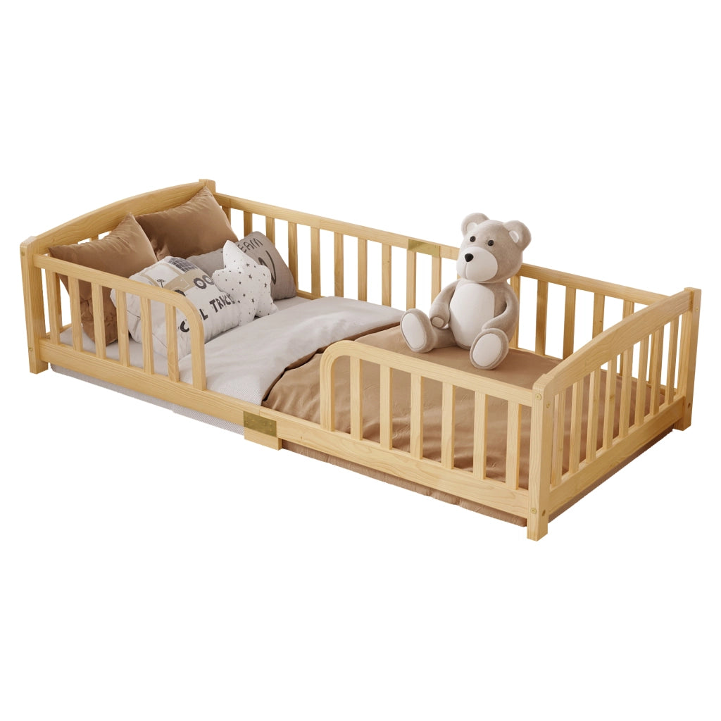 Lettino per bambini 90 x 200 cm, con spondine di sicurezza, senza piastra di base, colore del legno grezzo