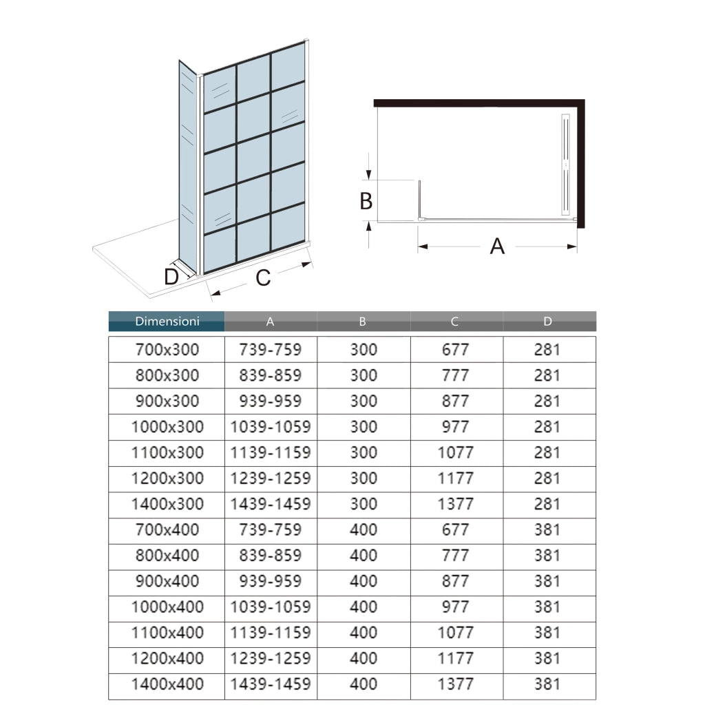 Box Doccia Parete Fissa 70x200cm con Paraspruzzo 40cm Vetro 8 mm Temperato Anticalcare Serigrafia Riquadri Neri Barra Stabilizzatrice Regolabile 73-120 cm