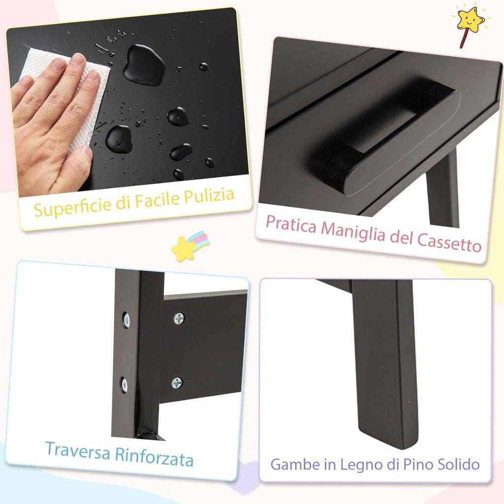 Set Tavolo e Sedia Bambini 3+ Anni, Scrivania e Sedia Legno Sicuro con Cassetto, Scrivania Ergonomica per Studio e Disegno (Nero)