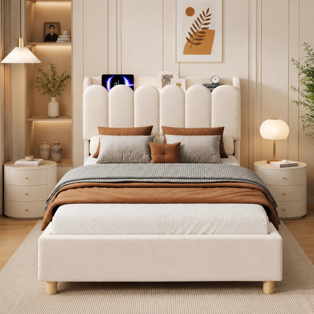 Letto per Bambini 90x200 cm; Singolo - USB; Tipo C e Lampada da Lettura - in Velluto Beige