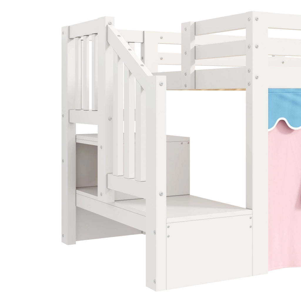 Letto a soppalco singolo 90×200 cm con tende oscuranti; LED regolabile; ripiani; senza materasso; bianco