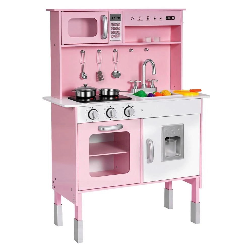 Cucina Giocattolo Bambini Legno Luci Suoni Cibo Pentole Microonde Forno Manopole Gioco Ruolo 3-8 Anni Rosa