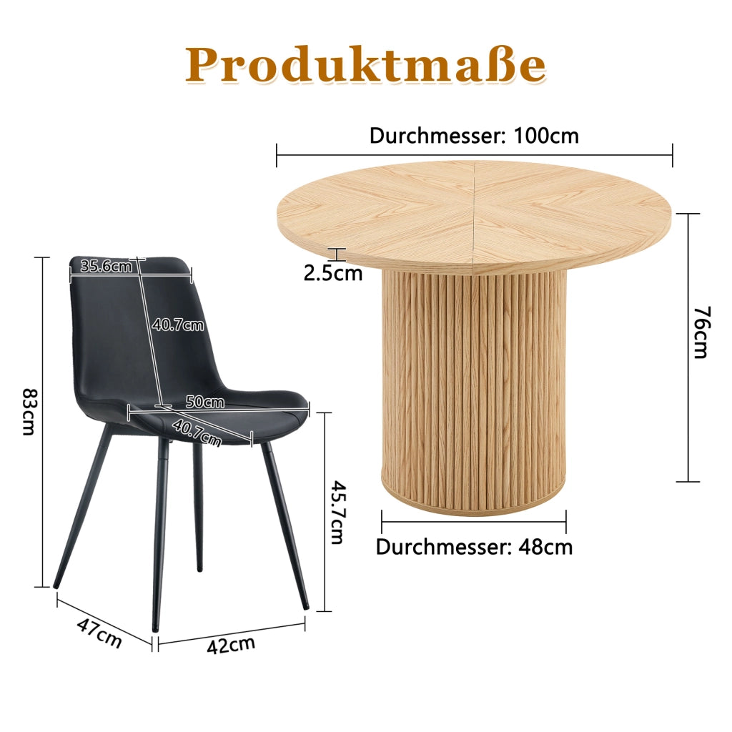 Tavolo da pranzo rotondo per 4 persone con 4 sedie, piano in MDF, nero e naturale