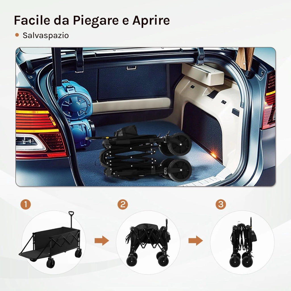 Carrello Pieghevole Portatutto, Carrellino da Giardino con Portellone Posteriore e Ruote per Tutti i Terreni con Freno, Capacità di Carico Fino a 150 kg, Nero