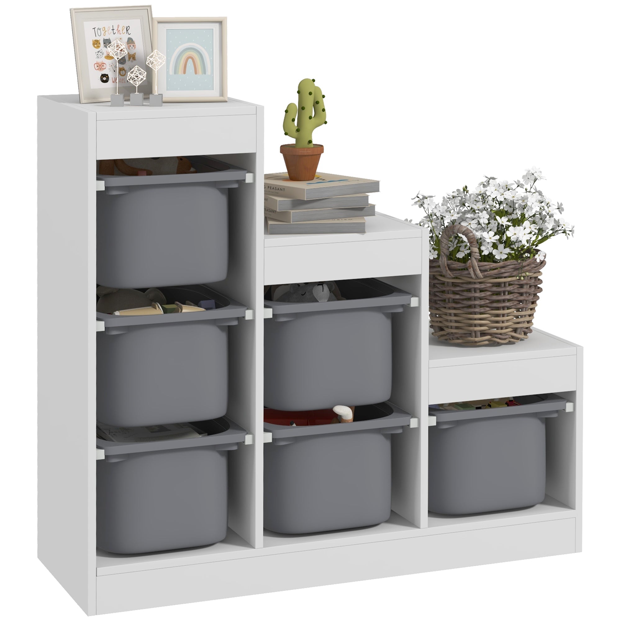 Scaffale Portagiochi per Bambini a 3 Livelli 6 Contenitori 96x38,5x90 cm Grigio