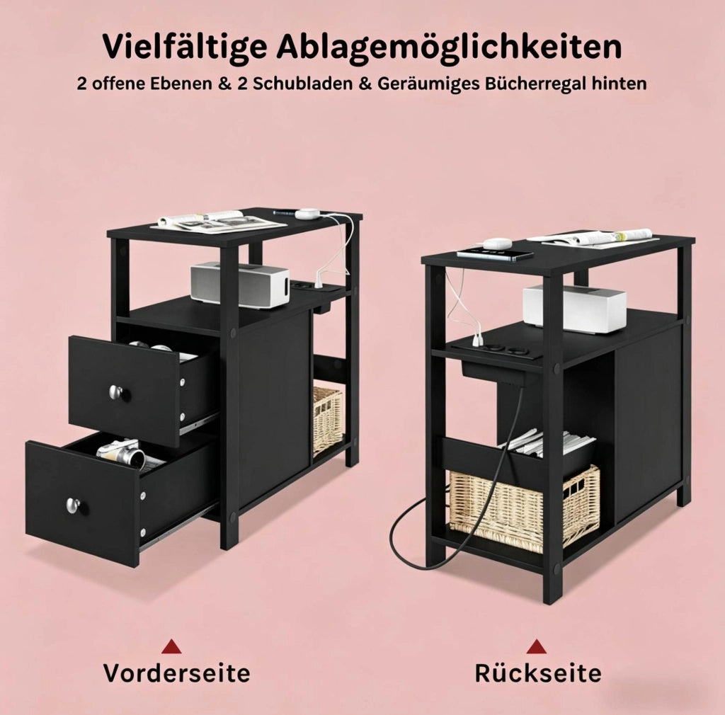 DESMIU Tavolino Laterale Moderno Nero con Prese USB e AC, 60x60x30 cm