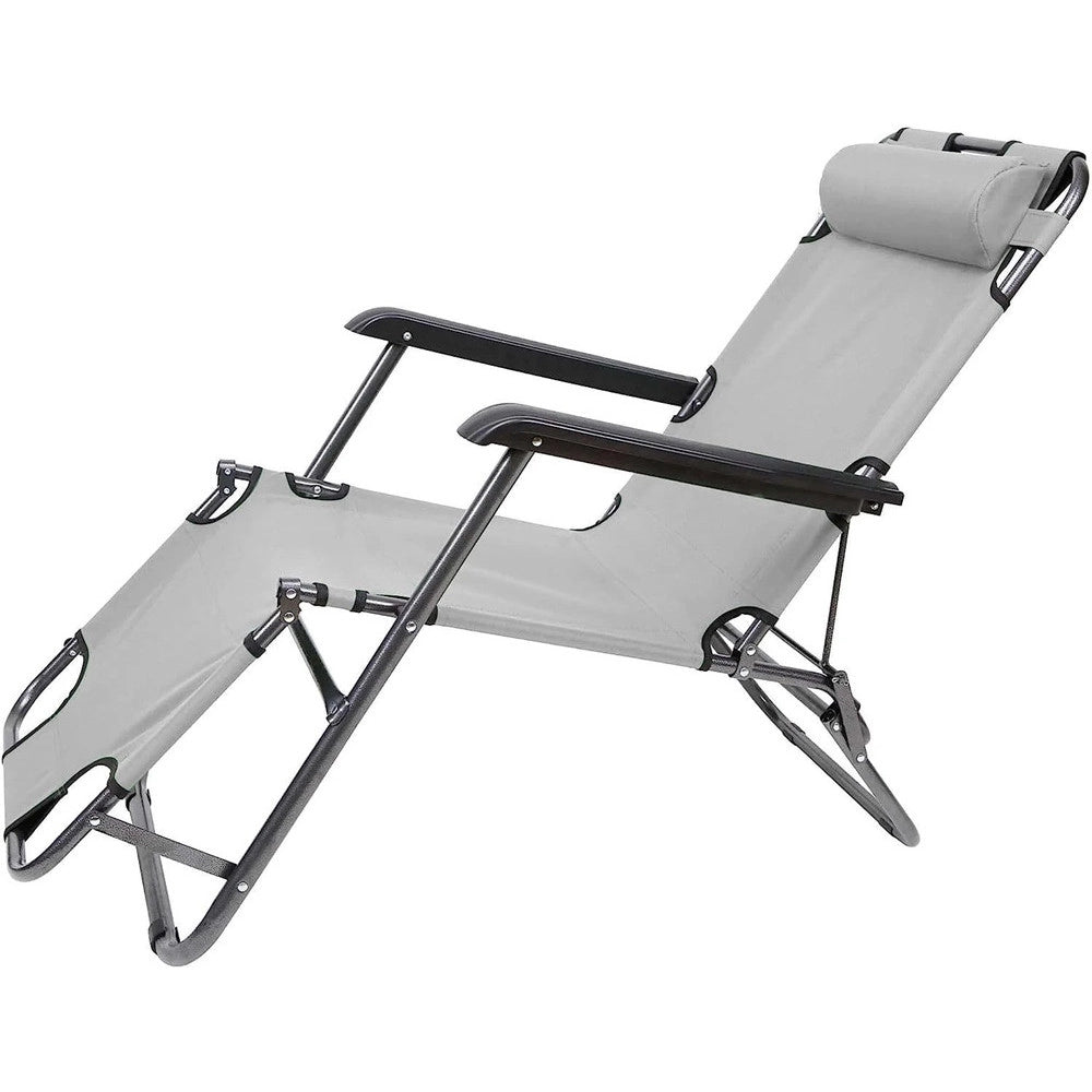 Trade Shop - Sedia A Sdraio Lettino Pieghevole Reclinabile In Metallo Con Poggiatesta Grigio 017055 -