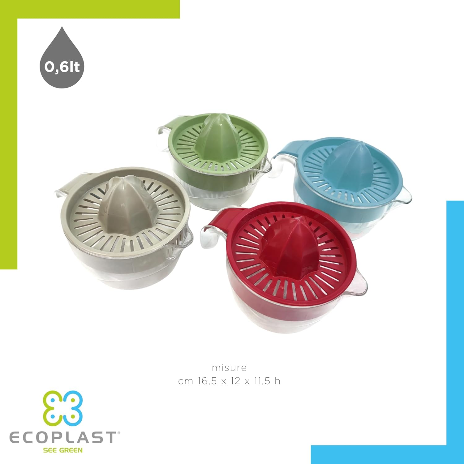 Ecoplast Spremiagrumi Manuale in Plastica con Vaschetta da 0,6 Litri, Colore Ghiaccio, 0,6 Lt