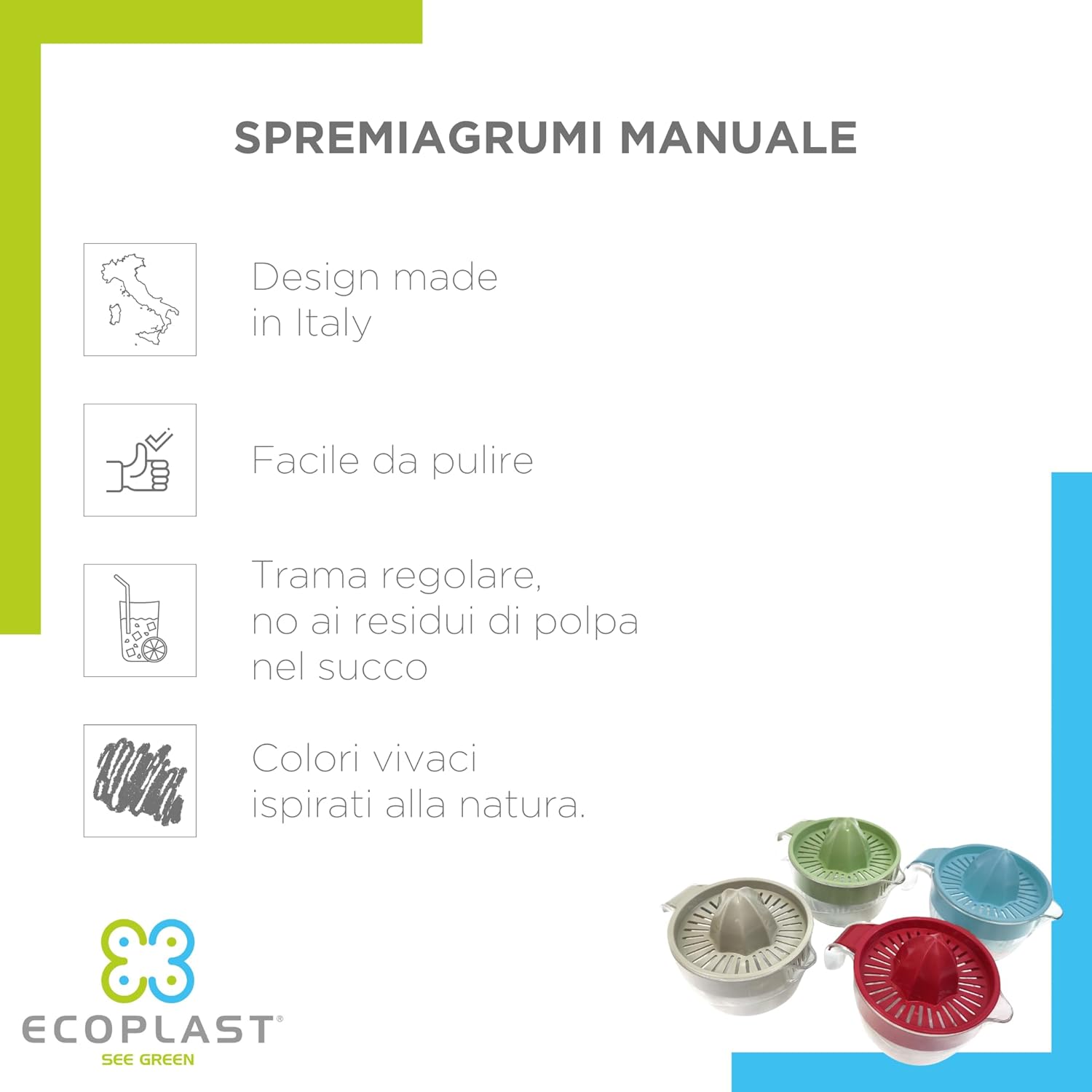 Ecoplast Spremiagrumi Manuale in Plastica con Vaschetta da 0,6 Litri, Colore Ghiaccio, 0,6 Lt