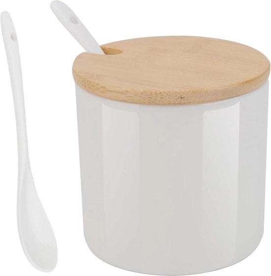 Suikeriera moderna in ceramica con cucchiai e coperchi in bambù per zucchero e sale - bianca