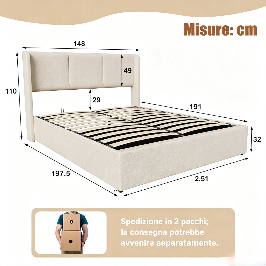 Letto matrimoniale contenitore 140x190 cm con testiera imbottita rete a doghe e vano contenitore idraulico in lino-beige