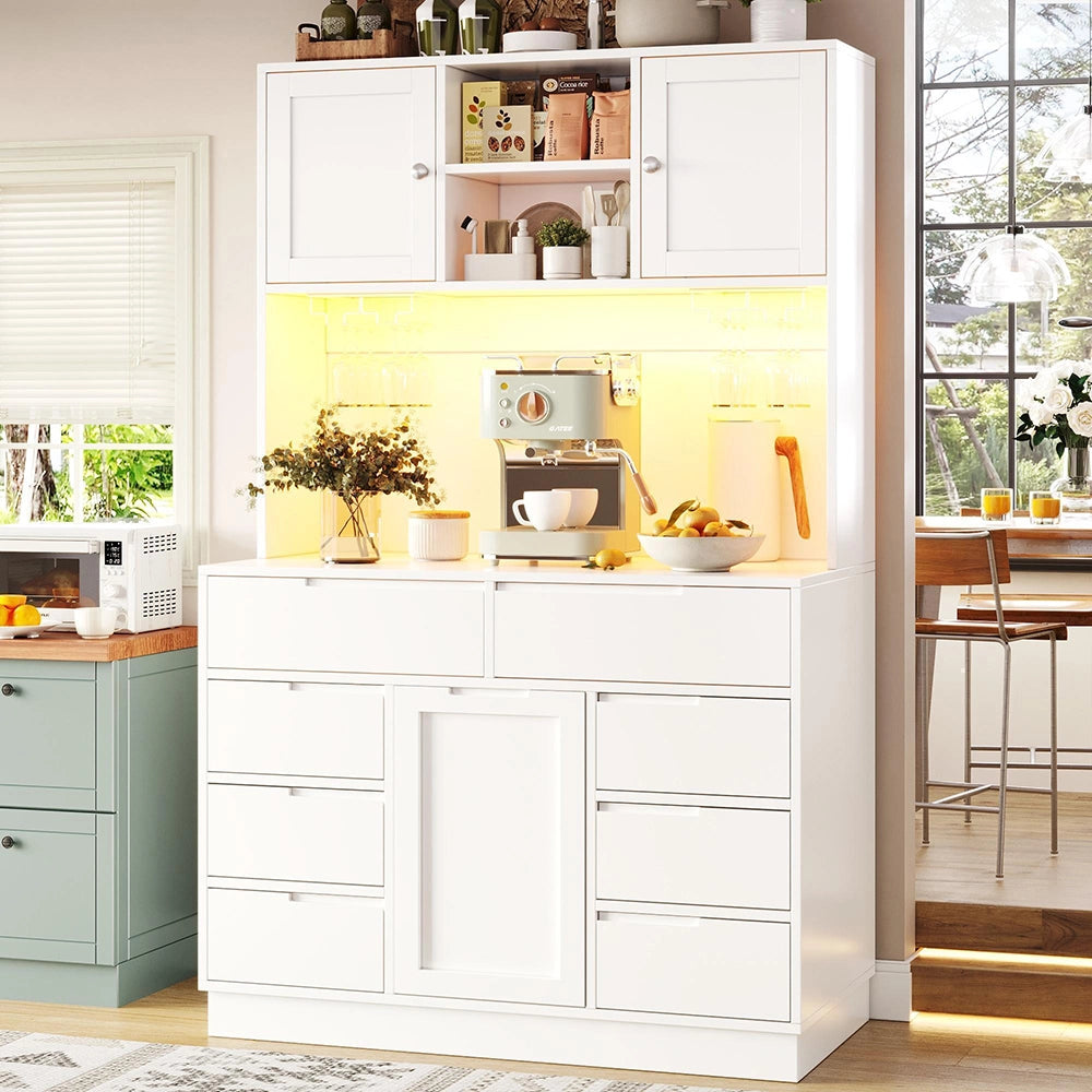 Armadio da cucina moderno con illuminazione LED intelligente - Xylo - 120x40x183,5 cm, bianco, 8 cassetti, chiusura magnetica, ripiani regolabili