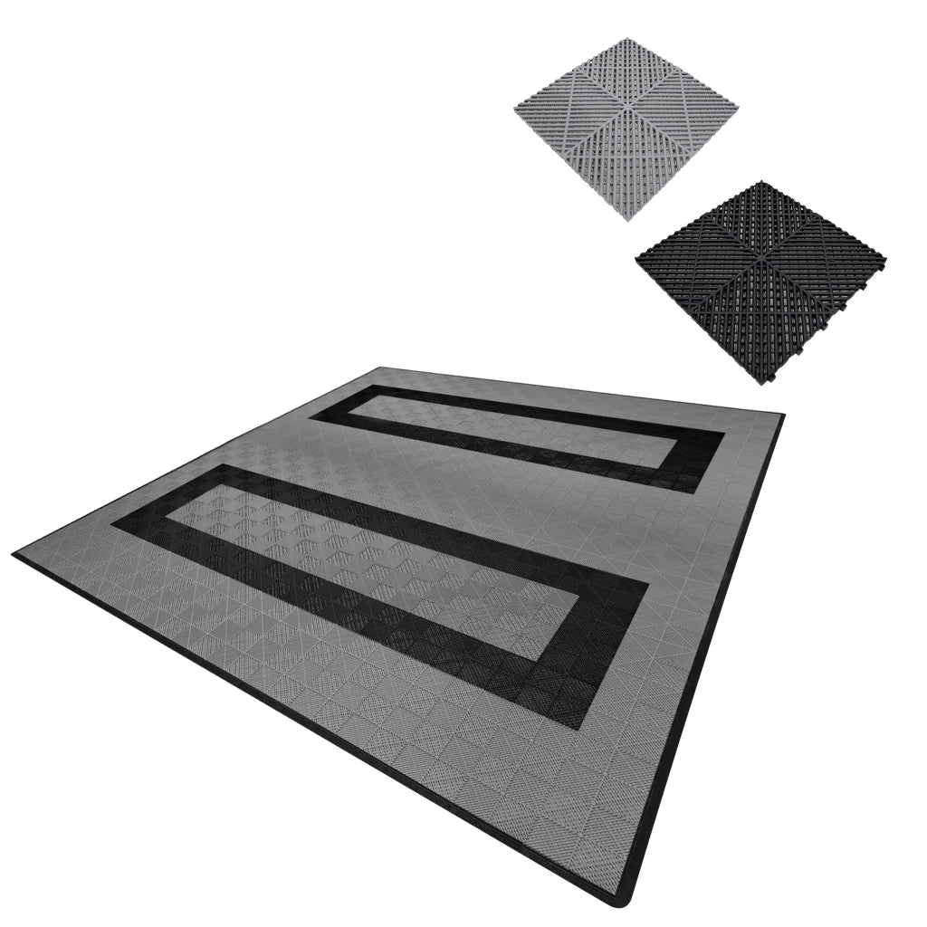 Piastrelle ventilate grigie e nere 6m x 6m per garage doppio e officine, antiscivolo.