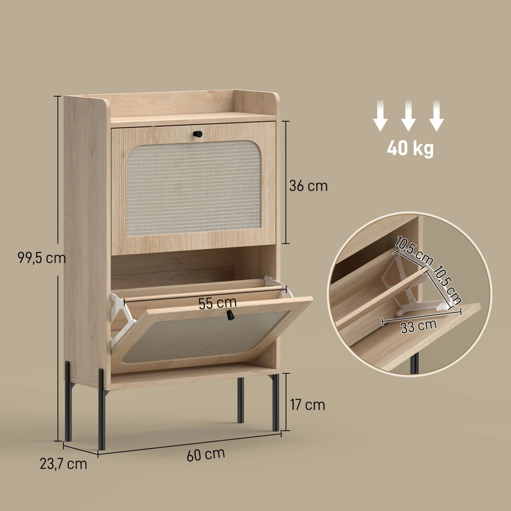 Scarpiera 12 paia con ante in rattan e 2 cassetti ¨C zephmum ¨C rovere 88x132x19