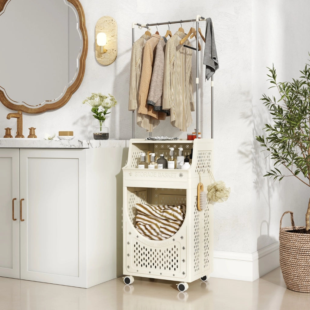 Carrello lavanderia 3 livelli con barra appendiabiti 8 ganci-Scaffale-Carrello lavanderia contenitore pieghevole ruote Beige