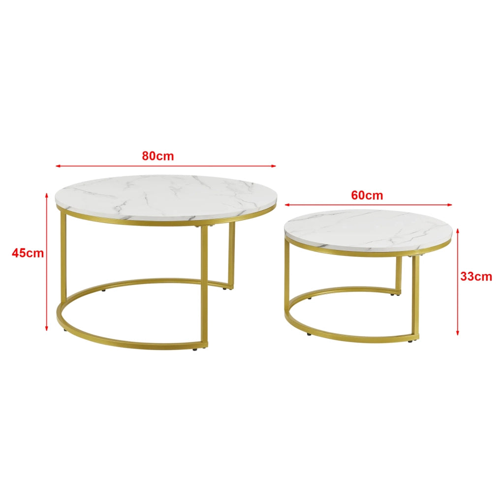 Set di 2 tavolini rotondi impilabili effetto marmo bianco e oro 03_0008355
