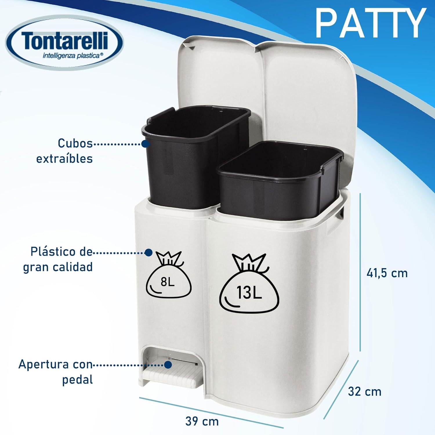 PATTUMIERA DIFFERENZIATA PATTY 2  cm.39x32,5x41h. lt.13+8 bianca    TONTARELLI