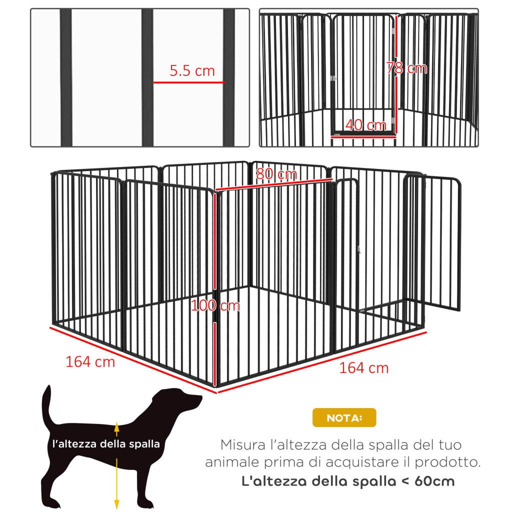 Recinzione per Cani Modulare 8 Pannelli ¨C Zephmum ¨C Nero Acciaio 164x164x100 cm