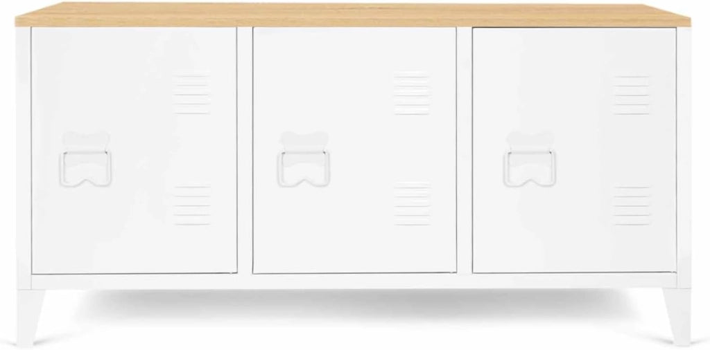 Credenza bassa ESTER 113 cm con 3 ante in metallo bianco e piano in legno dal design industriale