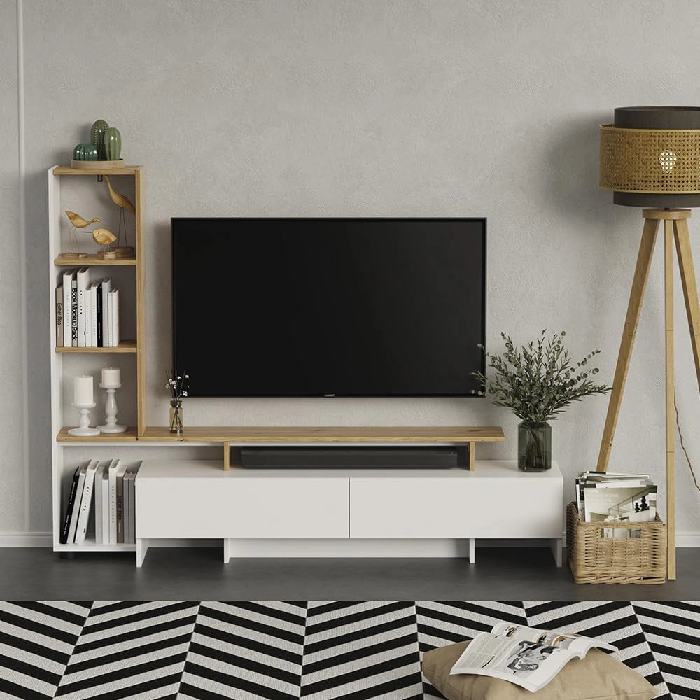 Mobile tv Tavora, Bianco/quercia, 168.2 x 120 cm con 2 cassetti, per l'utilizzo come mobile TV con ripiani aperti