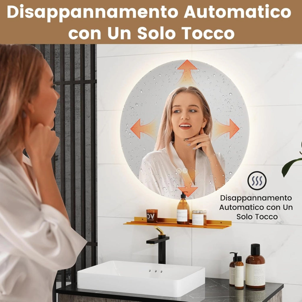 Specchio da Parete 60cm, Specchio Rotondo Bagno con Luci Led a 3 Colori, Mensola e Funzioni di Autosbrinante e di Memoria, per Soggiorno e Camera da Letto, IP44