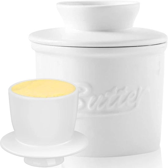 Vasetto di ceramica con coperchio - Design francese - Bianco - 10CM - Per burro fuso