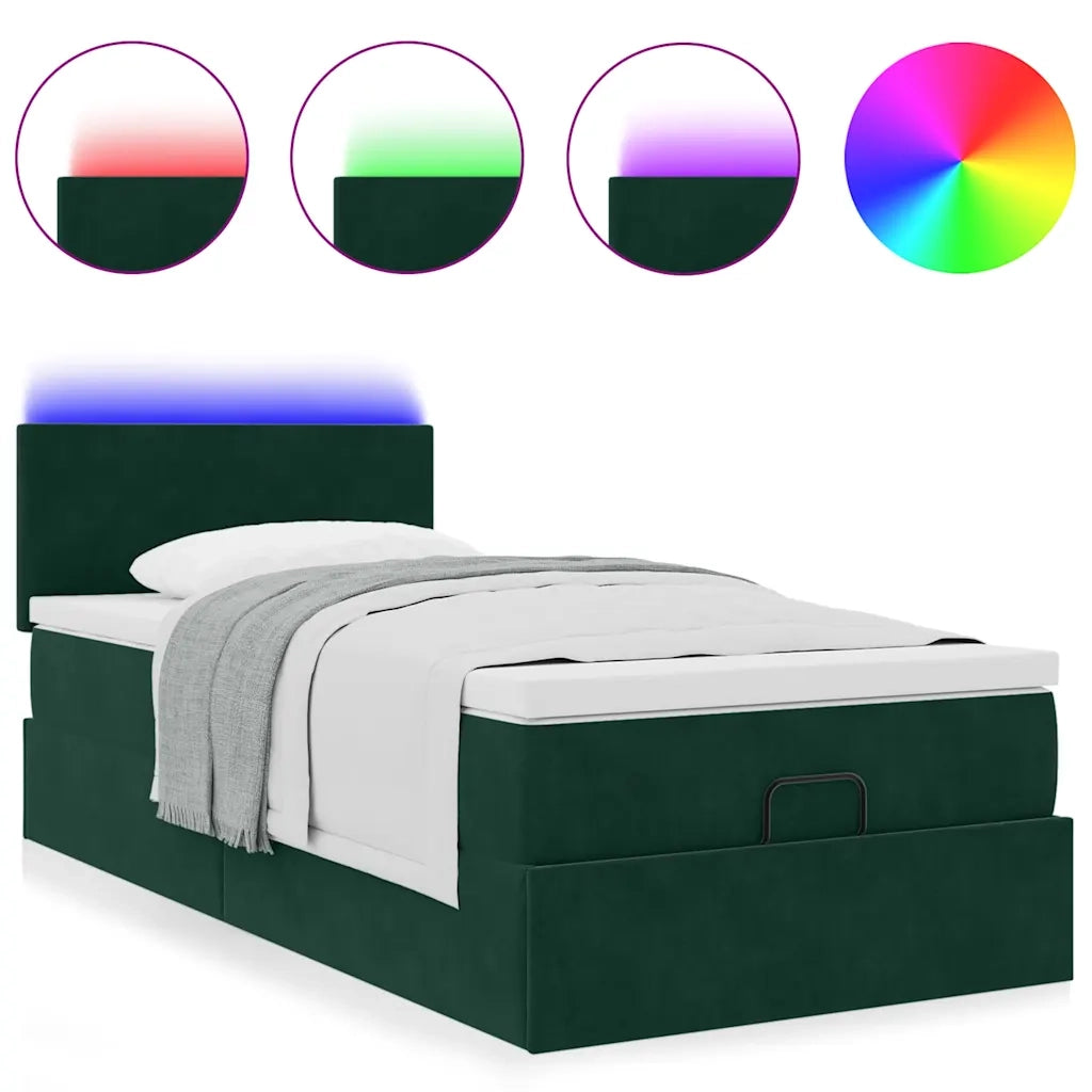 Pouf Letto con Materasso e LED Verde Scuro 90x200cm in Velluto