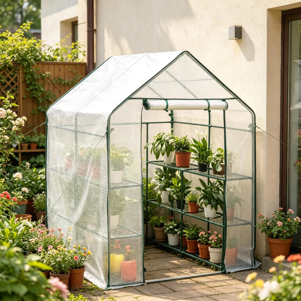 Serra da giardino in PE con struttura in acciaio, 143x143x195 cm, bianca, con porta a zip