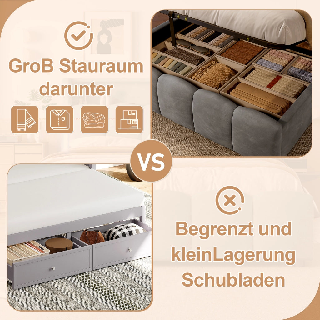 DESMIU Letto Contenitore 140 × 200 cm 2 Posti con LED, USB, USB-C e Testiera con Vano, senza Materasso, Velluto Grigio