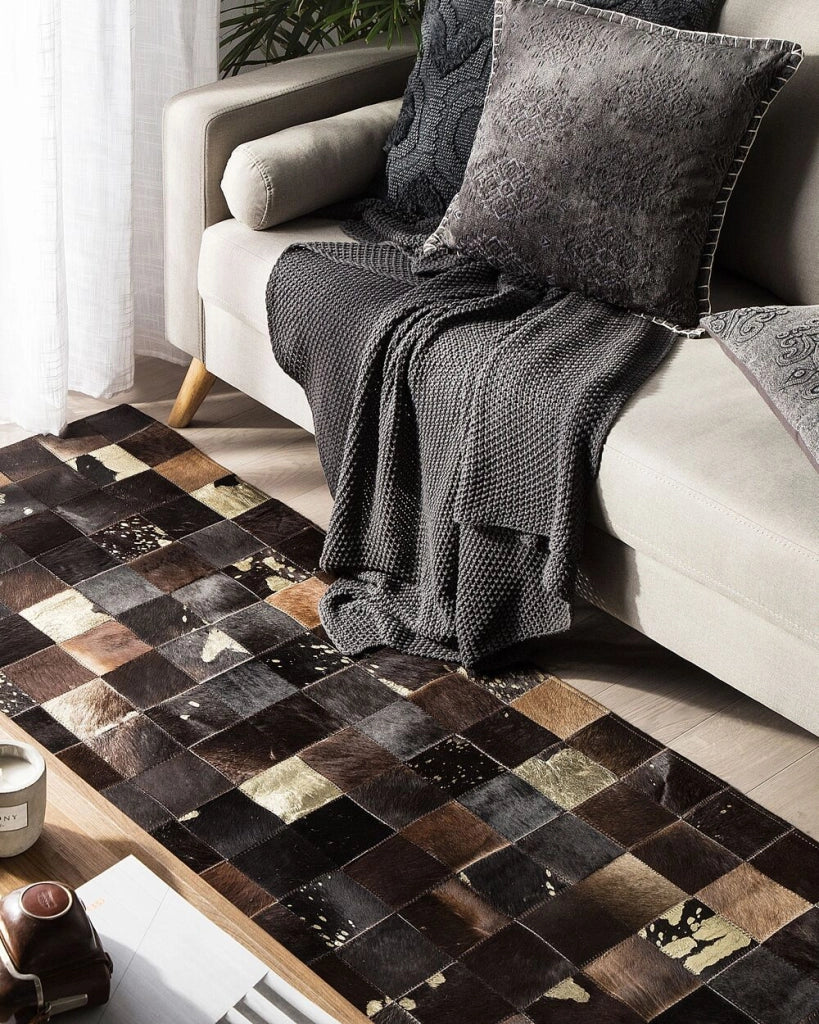 Tappeto Marrone Vera Pelle 140 x 200 cm Pelle Bovina Quadrati Multipli Fatto a Mano