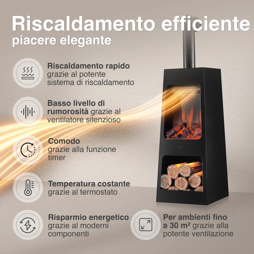 KAMINIO Caminetto elettrico da giardino con tubo KAI L - Stufa de terrazzo  elettrico con riscaldamento, effetto fiamma 3D, luce ambiente a LED, scomparto de legno, telecomando - Large, Nero