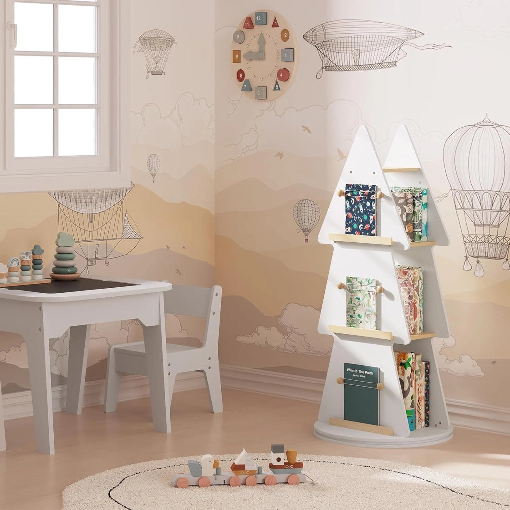 Libreria per Bambini, Libreria Rotante a 4 Ripiani, Porta Libri per Bambini ad Albero, Libreria Girevole per Cameretta, Nido Asilo, Scaffale Bianco, in Legno, Ø48x103,5cm