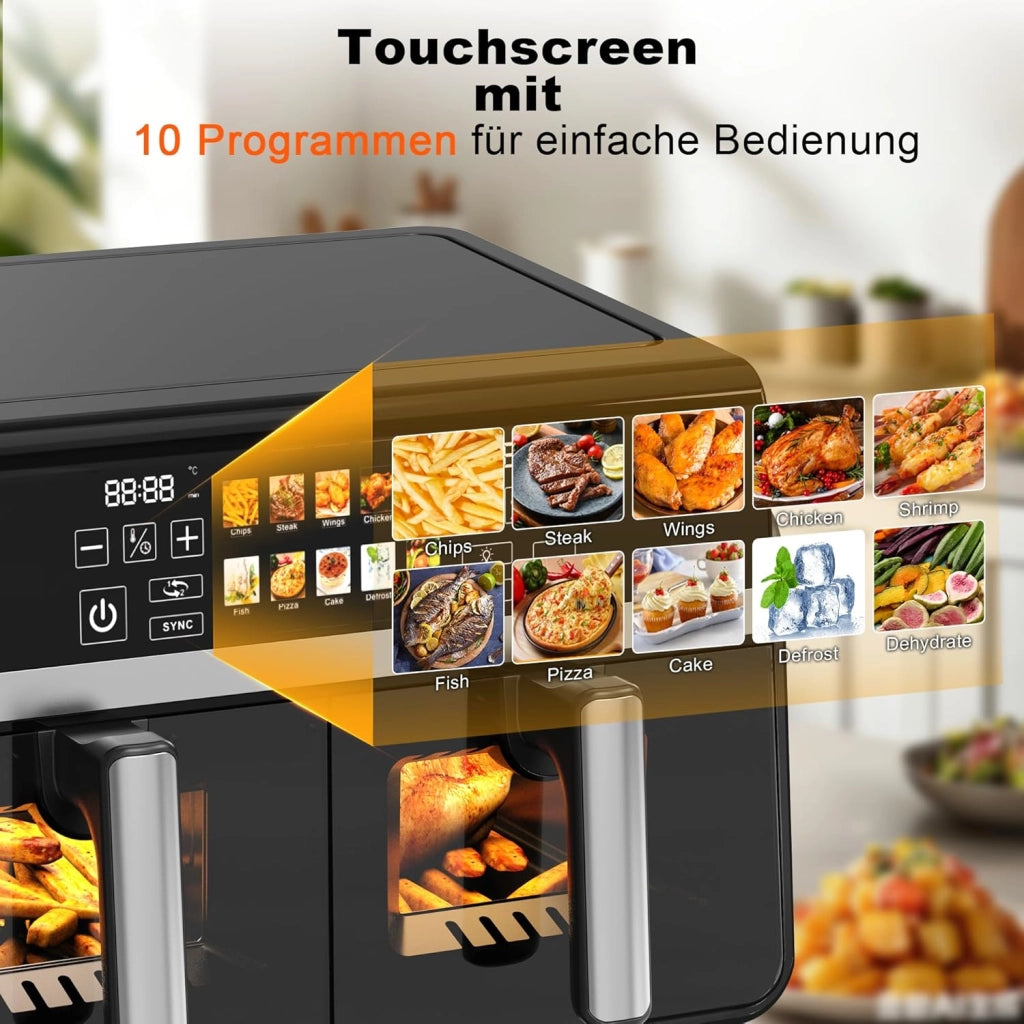 ZMH Friggitrice ad aria a doppia zona 10L 2200W touch screen con finestra visiva, cestello lavabile in lavastoviglie