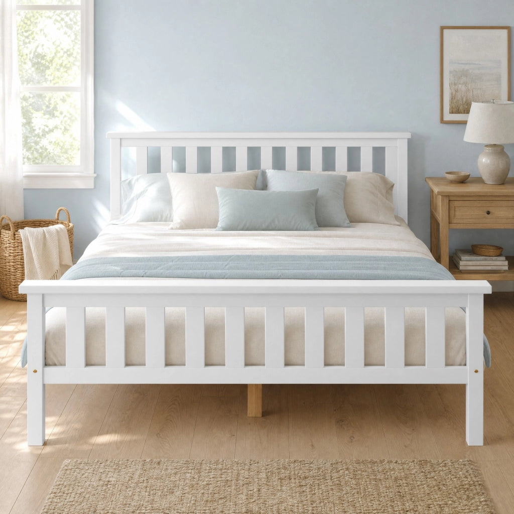 Letto matrimoniale 140 x 200 cm in legno massello di pino, struttura con doghe, bianco