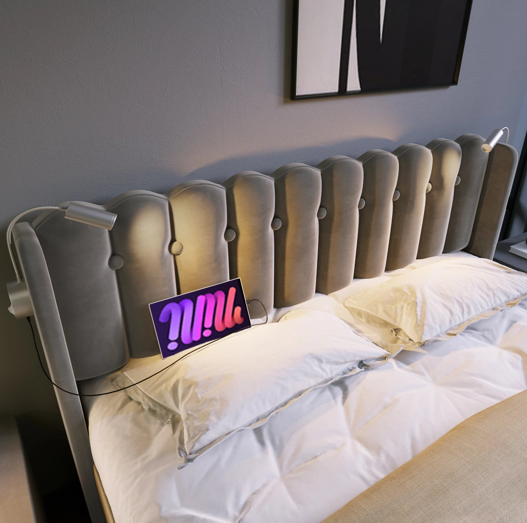 Letto matrimoniale 140x200 cm in velluto grigio con luce da lettura e doppia porta USB