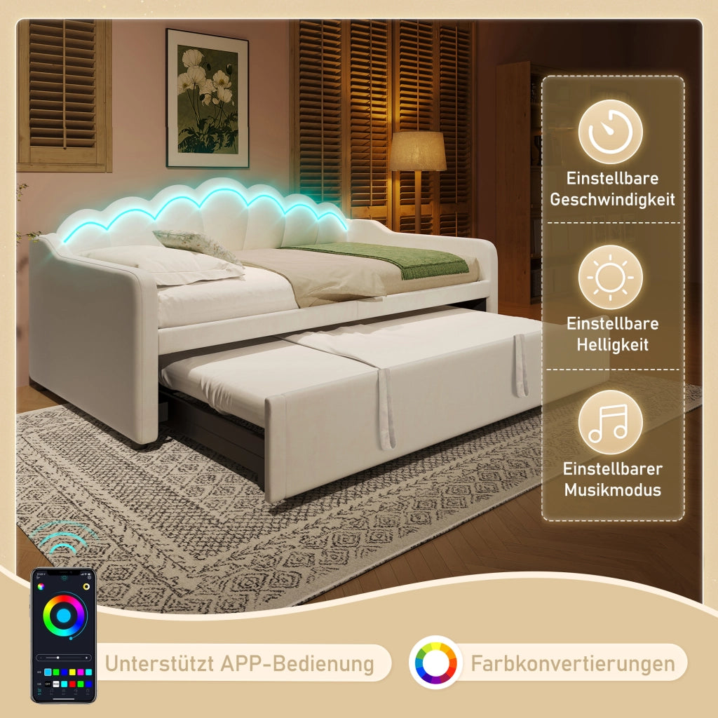 Divano letto estraibile in velluto con LED, beige, 90x200 cm